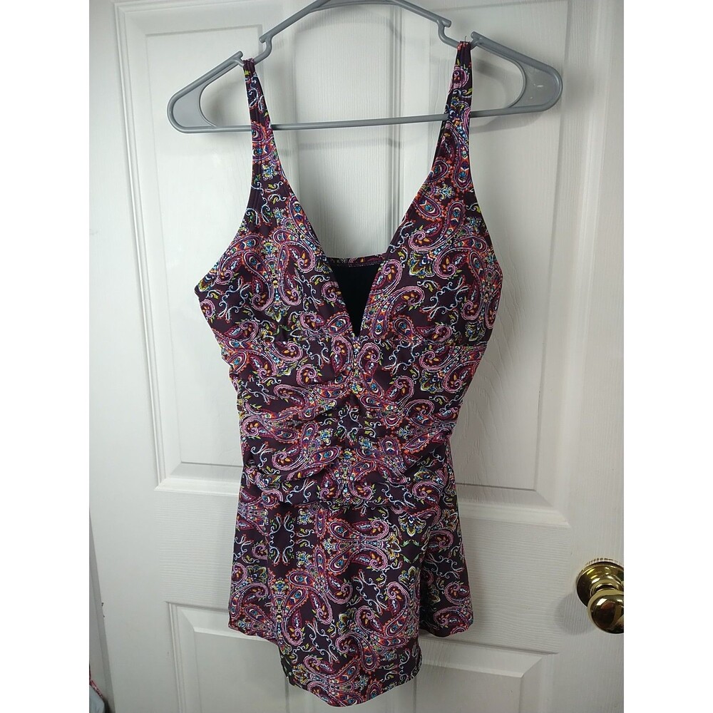 Ellen Tracey Woman 12 VNeck One Piece Purple Pink Paisley Slit Skirt Swimsuit